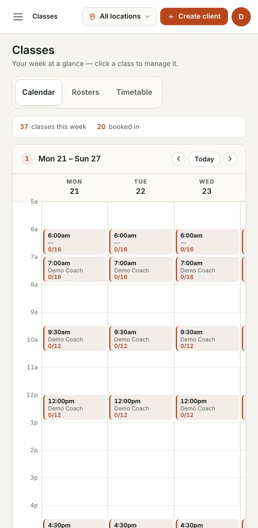 Timetable: The week at a glance, with rosters and capacity.