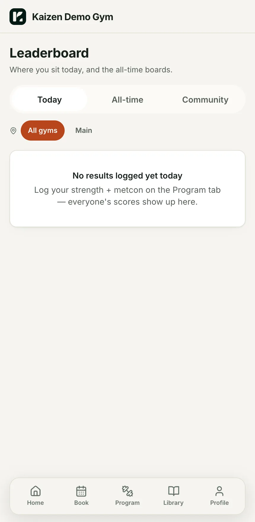 Leaderboard: Today, all-time and community, filtered by gym.