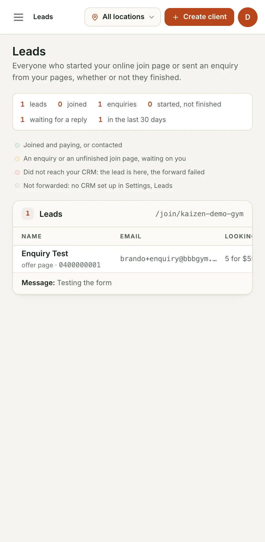 Leads: Who joined, who stopped part way, who enquired, and whether your CRM got them.