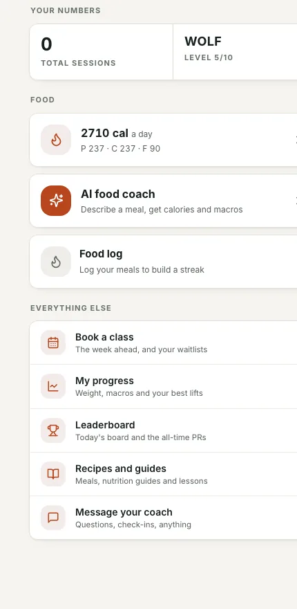 The food section of the member app, with daily calories, an AI food coach and a food log