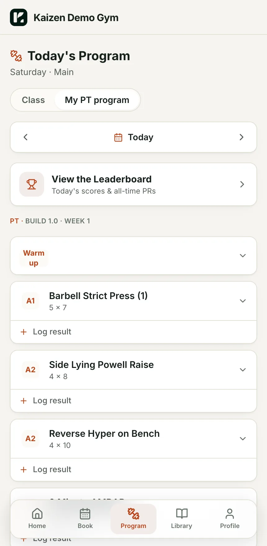 Member: Class and PT programs side by side, with Log result on every movement.