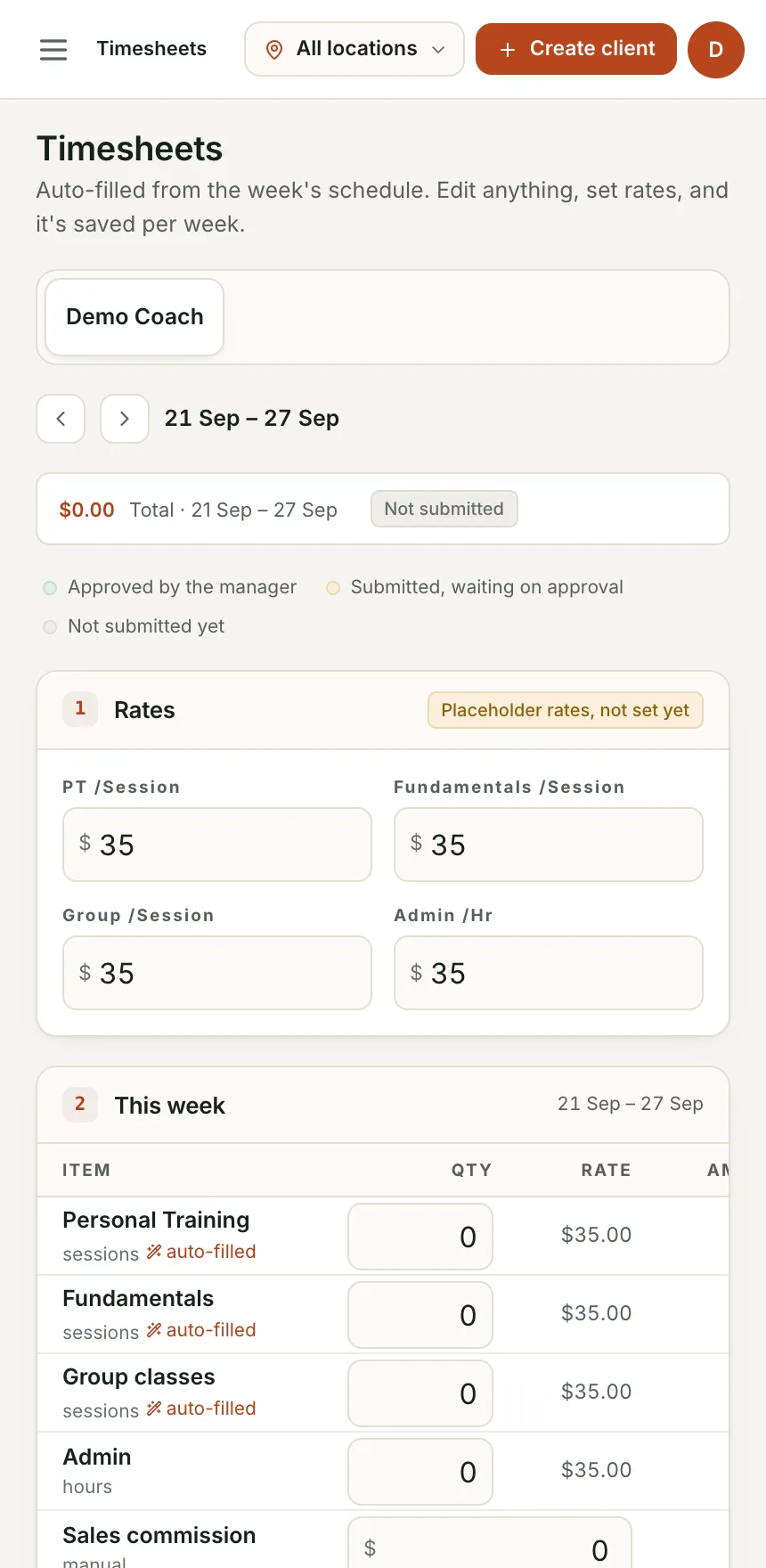 Timesheets: Auto-filled from the week's classes and sessions.