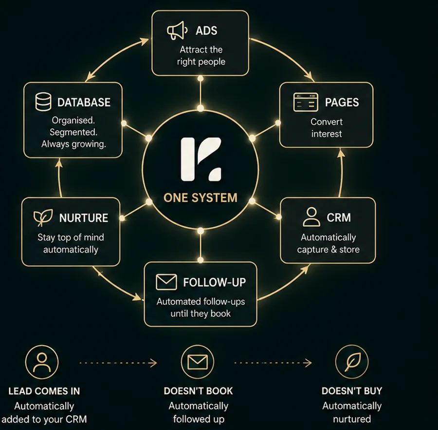 Ads, pages, CRM, follow-up, nurture and your database wired into one system