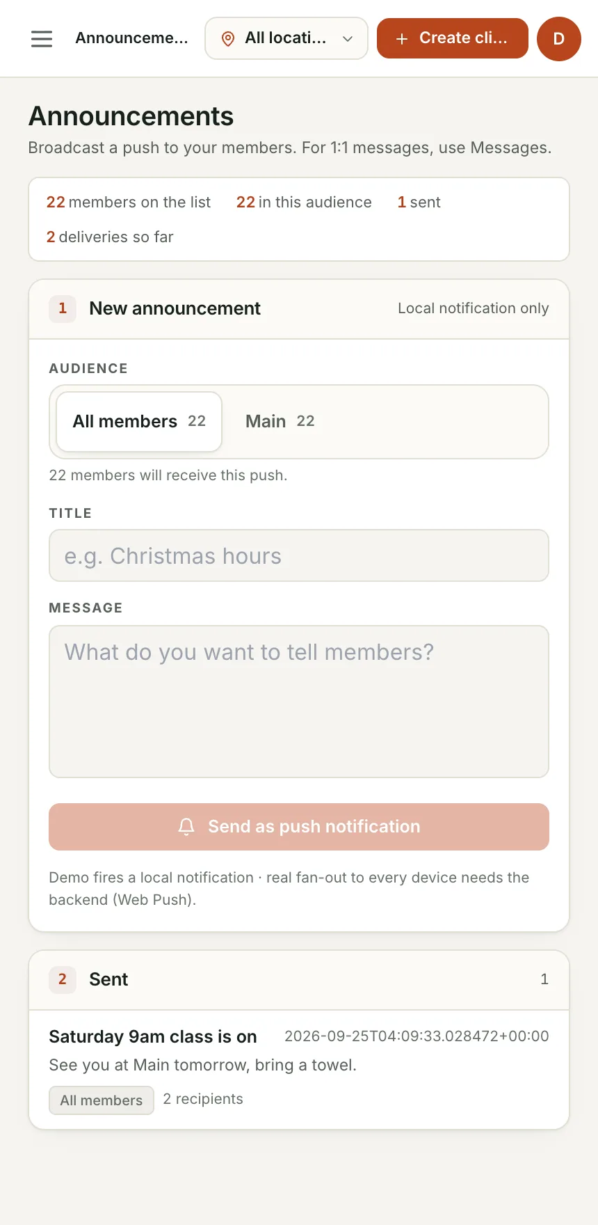Announcements: Pick an audience, write it, send it as a push.