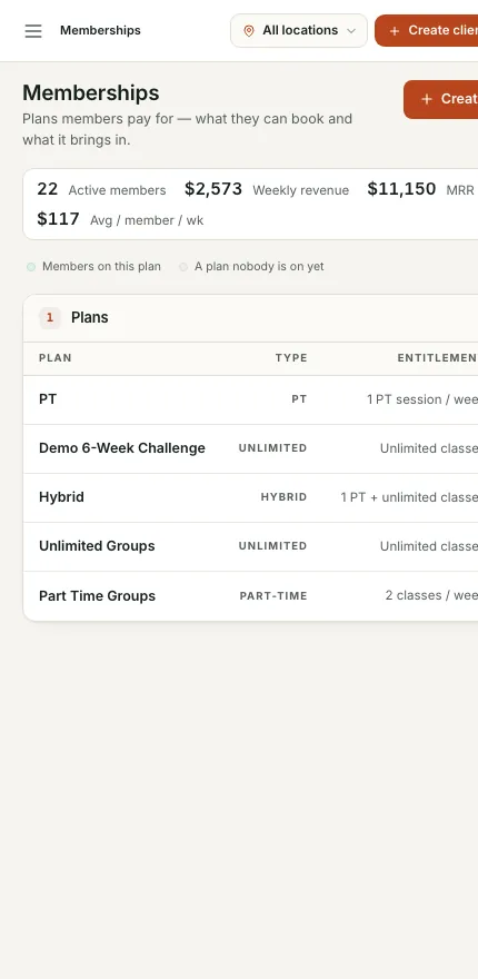 The memberships screen for owners, with active members, weekly revenue and the list of plans