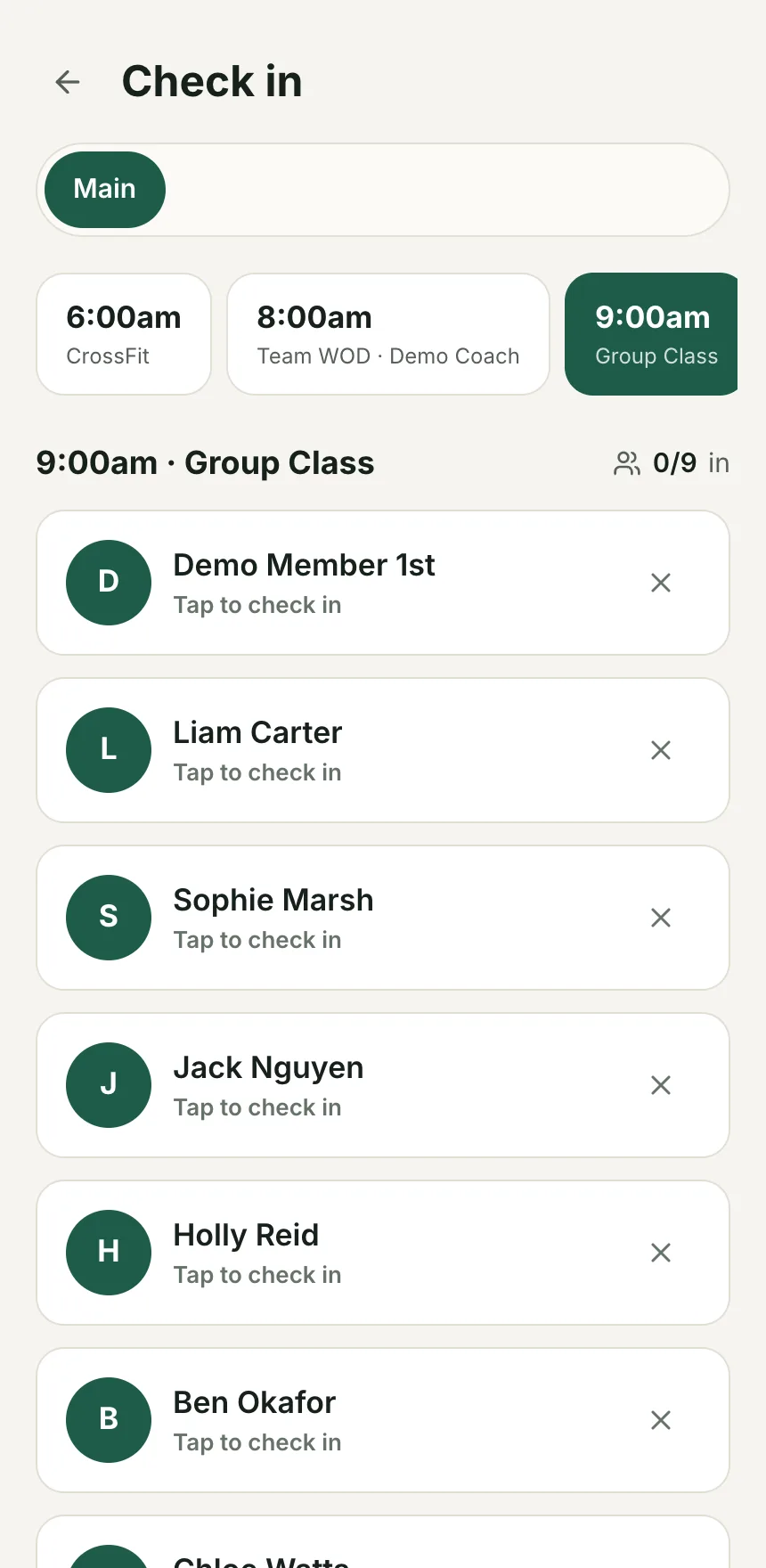 Kiosk: Today's classes, who is booked, tap to check in.