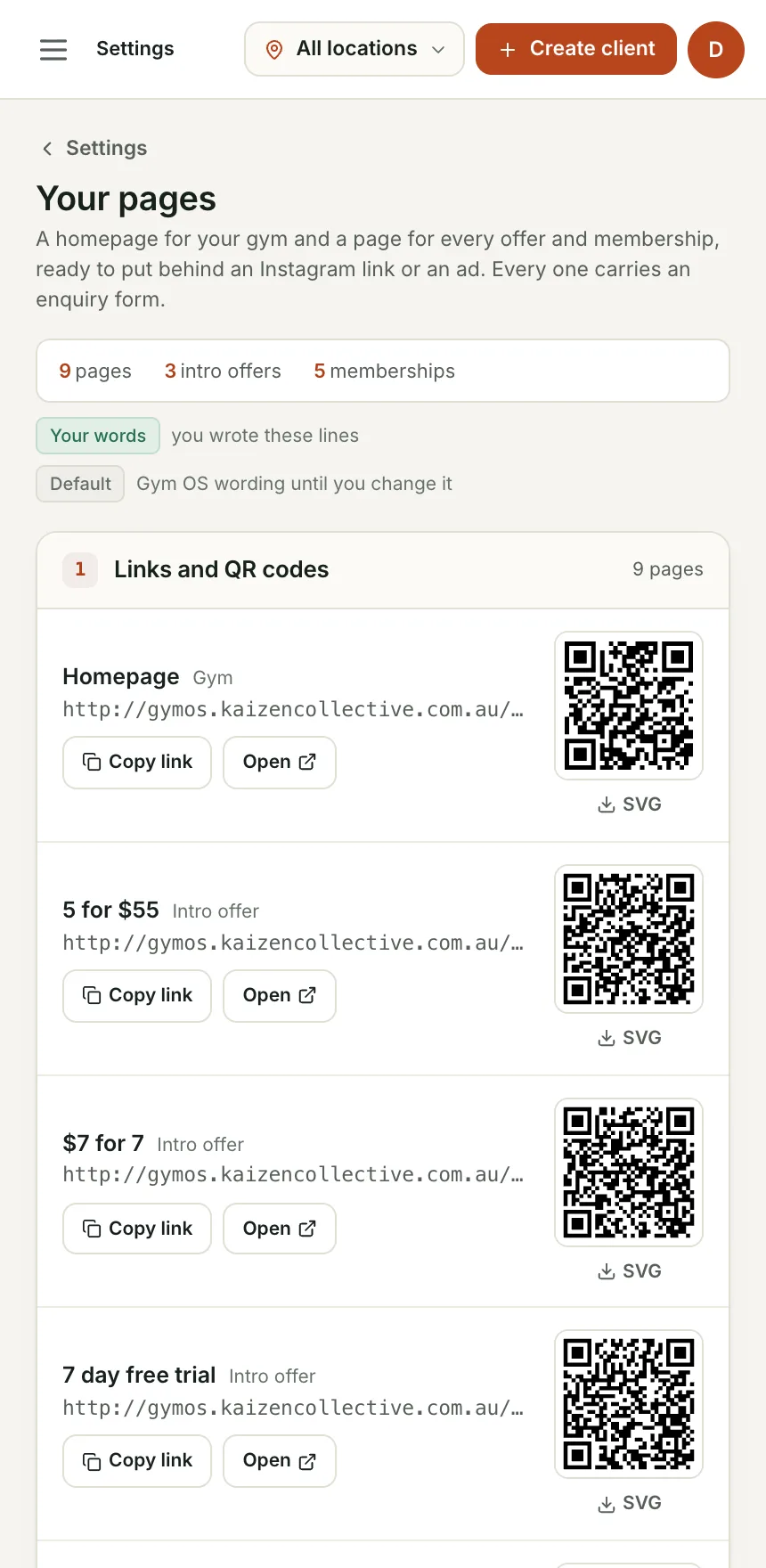 Your pages: Every link and QR code, ready to share or print.