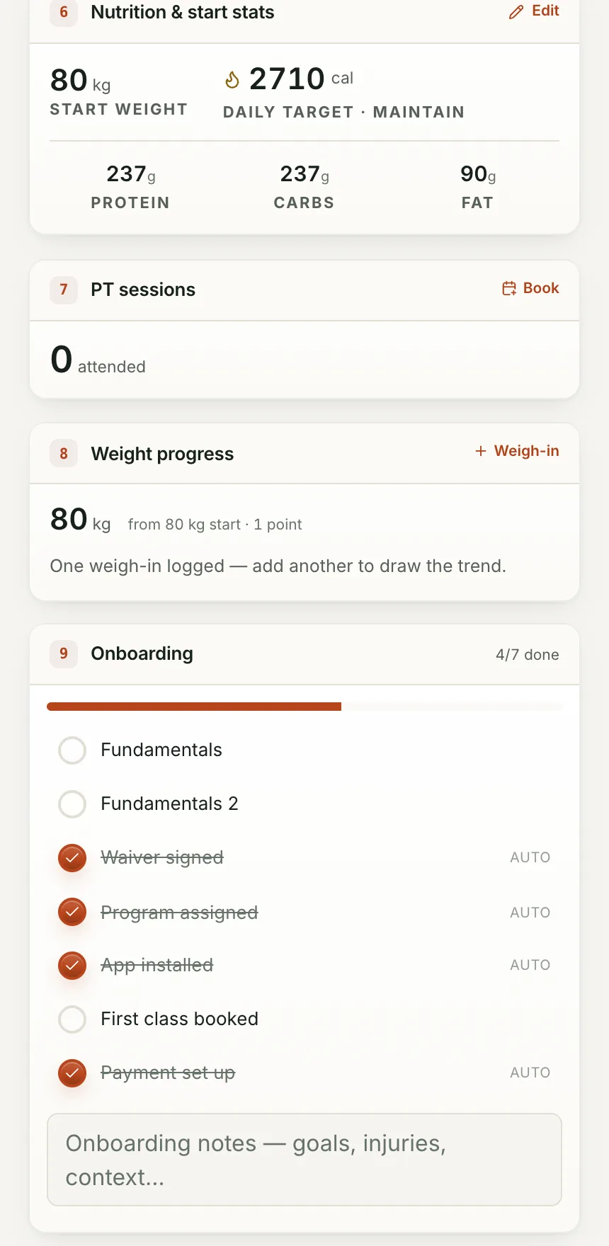 Nutrition: Targets, weight progress and onboarding, further down the same page.